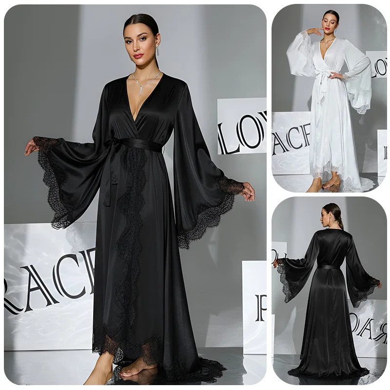 Ladies Luxury Satin Bridal Robe Sexy Lace Trim Flare Sleeve Long Dressing Gown With Train For Wedding Honeymoon