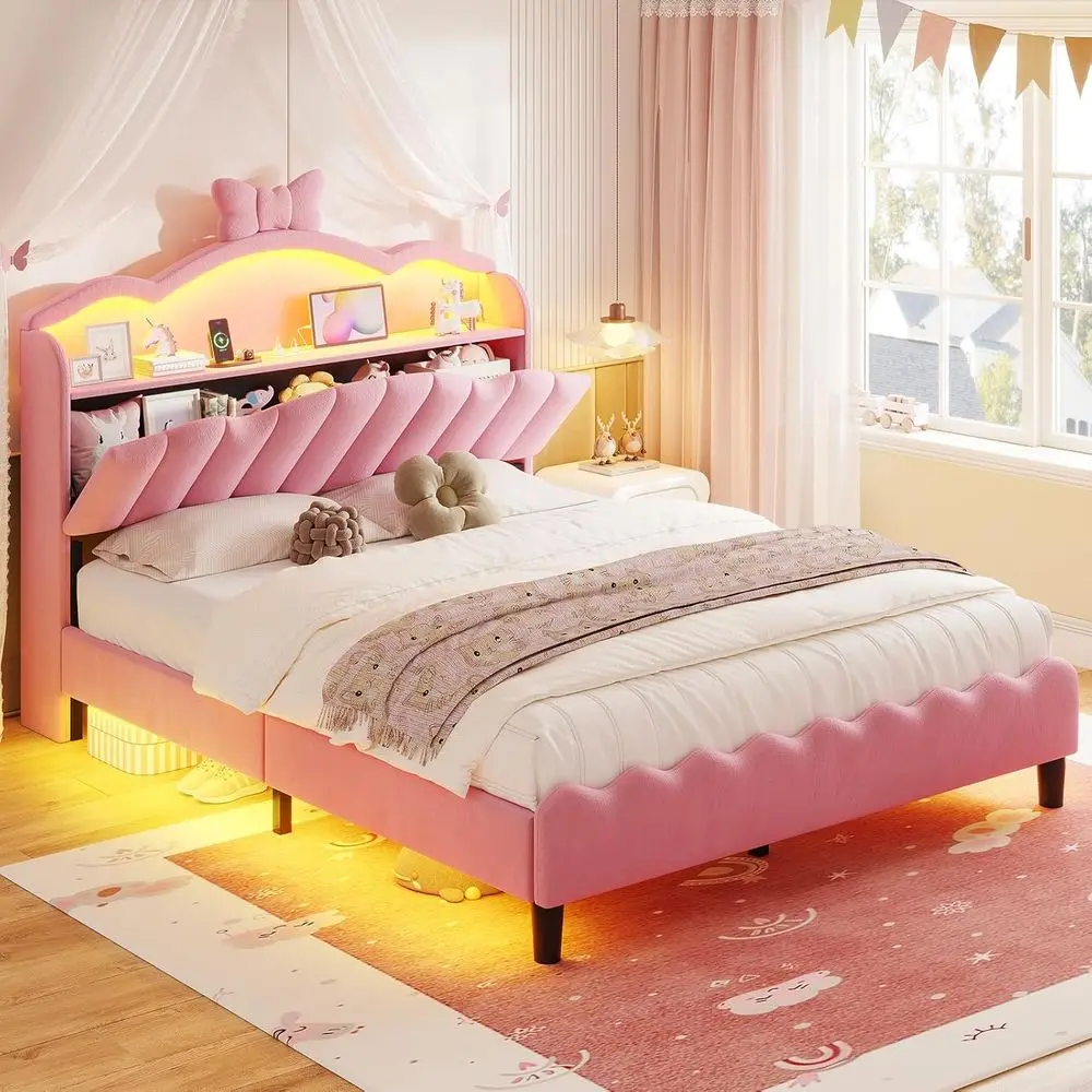Cama de almacenamiento tamaño completo con luces LED, plataforma tapizada en terciopelo para niñas/niños, estación de carga y detalles de lazo, sin somier