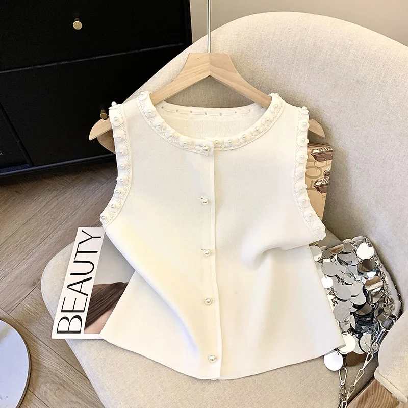 Verão elegante camisola de malha coletes feminino crochê flor sem mangas único breasted topos malhas moda chique senhoras jumpers 2025