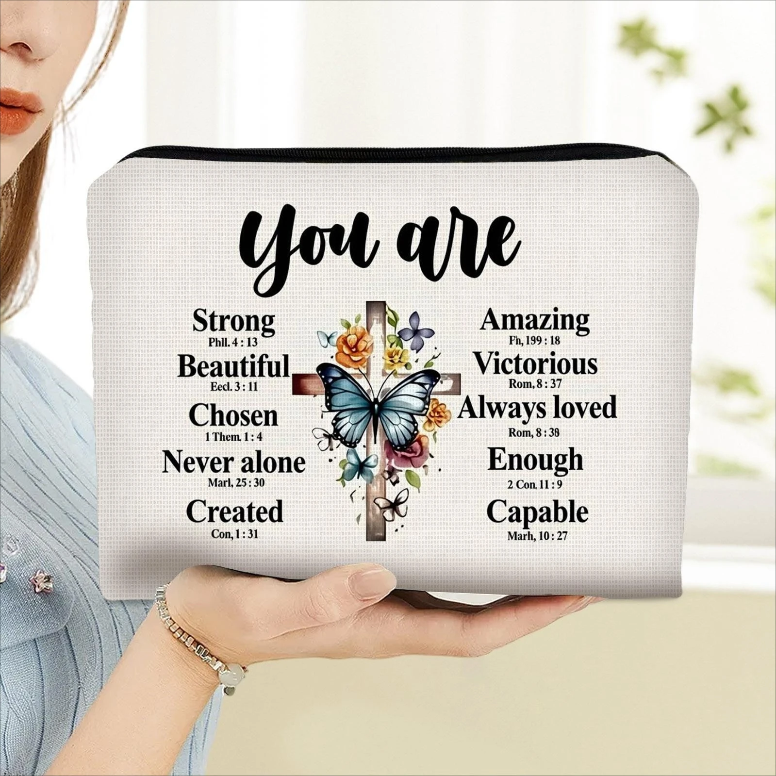 1pc Cosmetic Bag Polyester Material, Bible Verse + Cross Design, Portable for Travel & Daily Makeup Storage