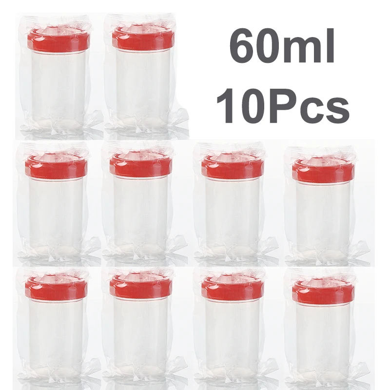 60ML Sterile Specimen Cups with Lids 2OZ Screw-on Cap Red Cover Measuring Containers Seal Disposable sampling cup，10Pcs