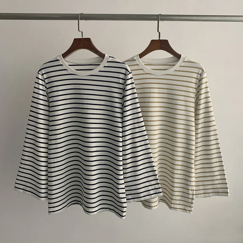 Spring and Autumn Soft Cotton Round Neck T-shirt Striped Bottoming Shirt Casual Unisex Top