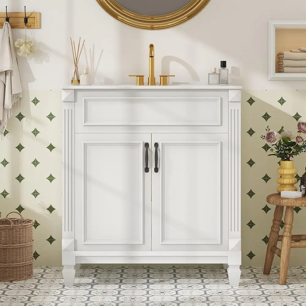 

30-дюймовый туалетный столик для ванной комнаты с раковиной, раковина для хранения вещей в ванной комнате с 2 дверцами, деревянный отдельно стоящий шкаф для ванной комнаты в фермерском доме с S