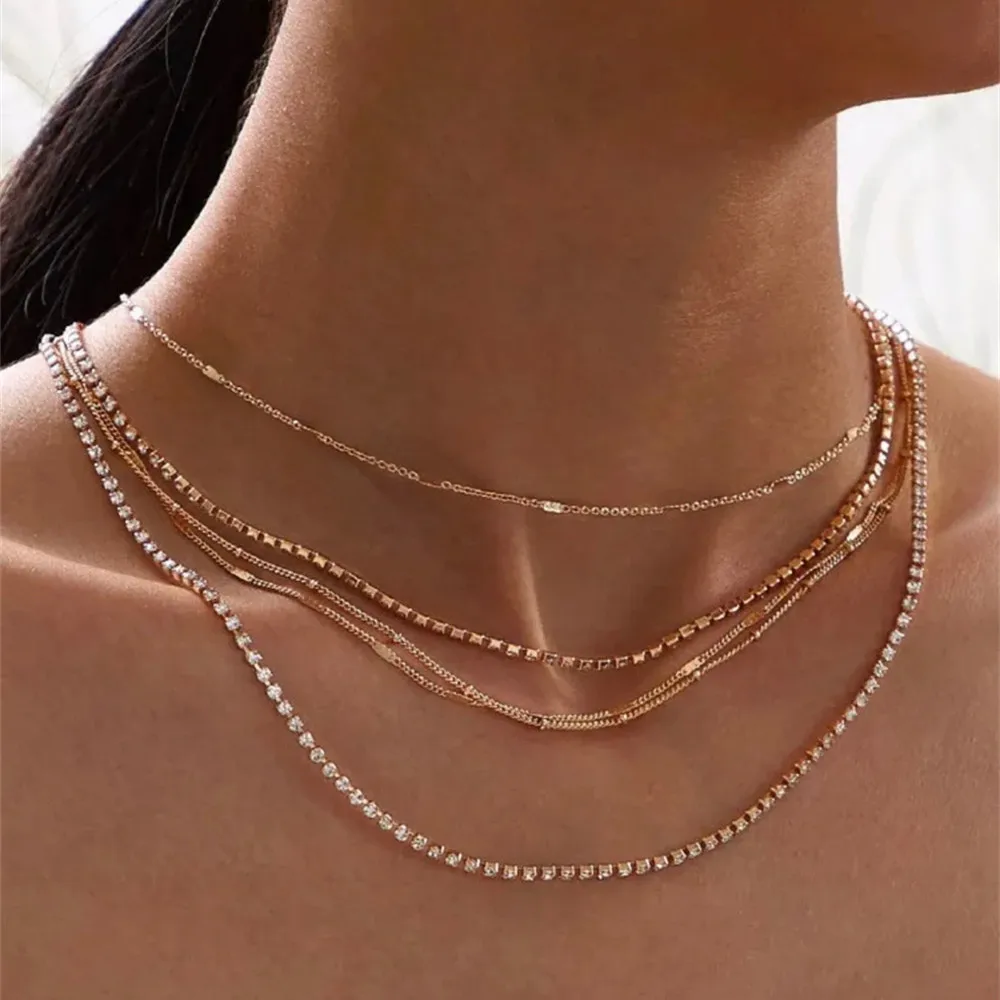 2023 Boho Vintage Multilayered Gold- Plated Crystal Chain Necklace For Women Female Fashion Punk Party Jewelry Gift Wholesale