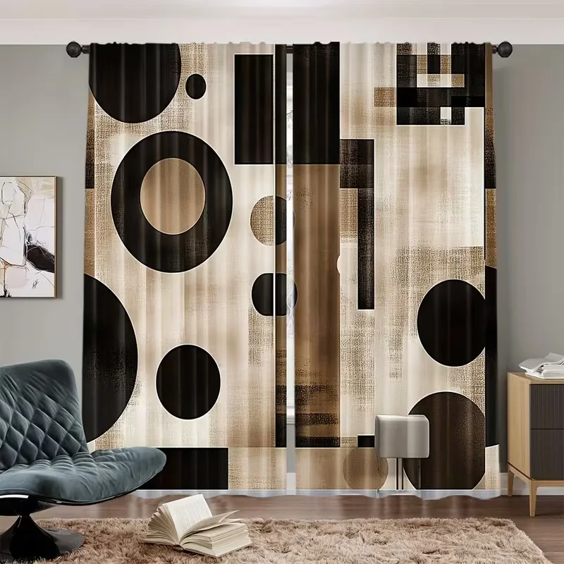 2pcs Mid Century Modern Curtains Abstract Geometric Circle Block Window Drapes Boho Beige Brown Art Decor Living Room Bedroom