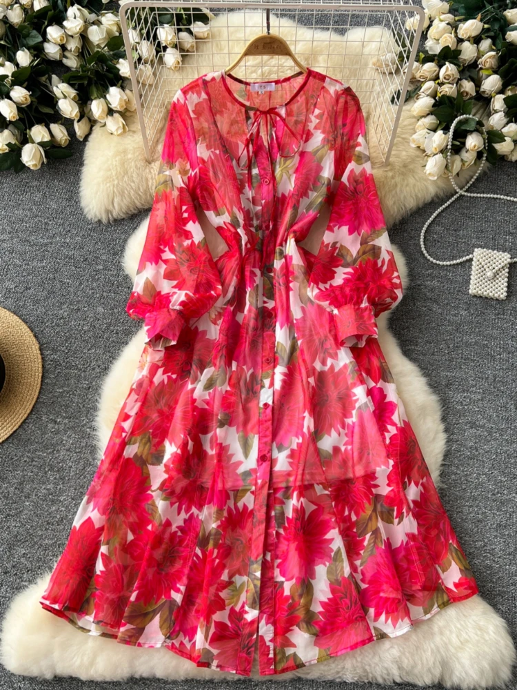 

Summer Floral Dress Women Niche Retro Lace Up Round Neck Lantern Long Sleeved Slim Mesh Printed Dress