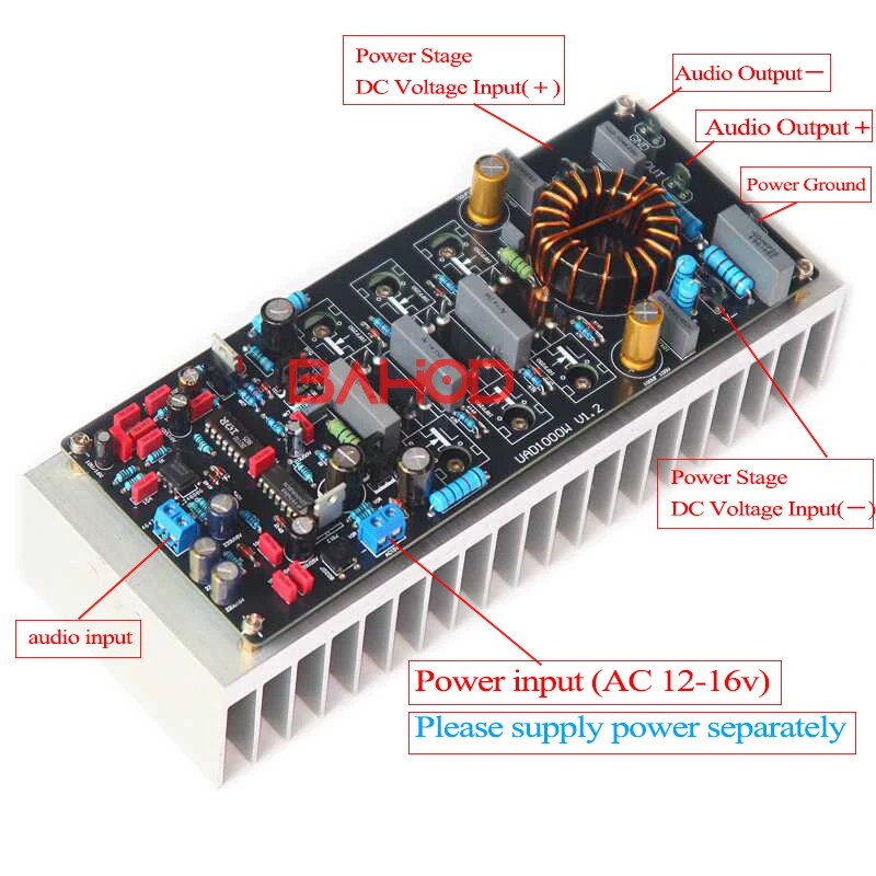 BAHOD UAD1000W Mono High Power Digital Amplifier Board Class D HiFi High Fidelity Audio Amplifier Board with Heat Sink