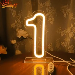 Numbers 1 Neon Sign Birthday Acrylic Lights 1 with Switch and Base for Wedding Party Business Beauty Salon Wall Decor