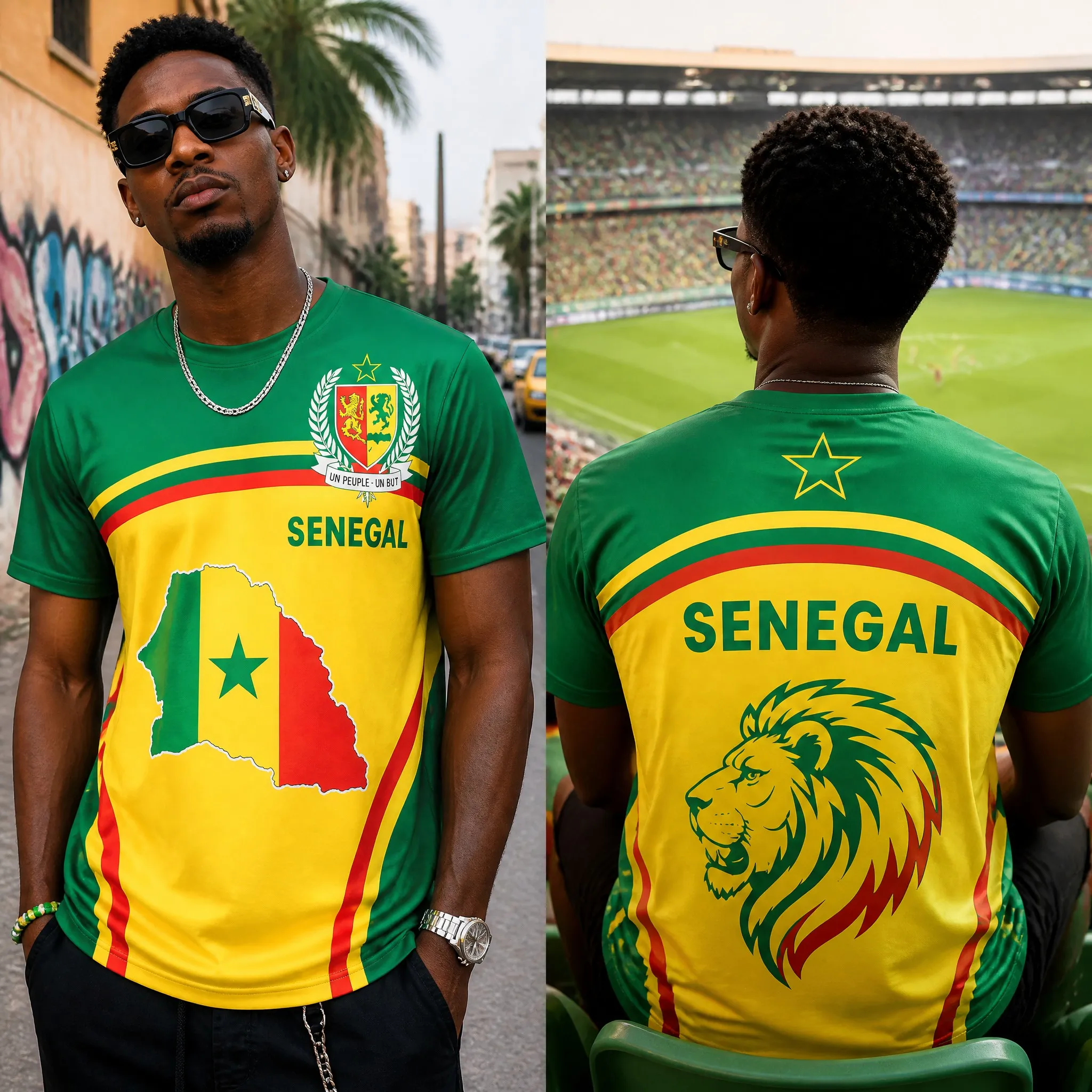 Senegal Mens Map Lion Graphic Tee Yellow Green Panel Shirt Short Sleeve Football Fan Top Street Stadium Casual Wear Summer Style