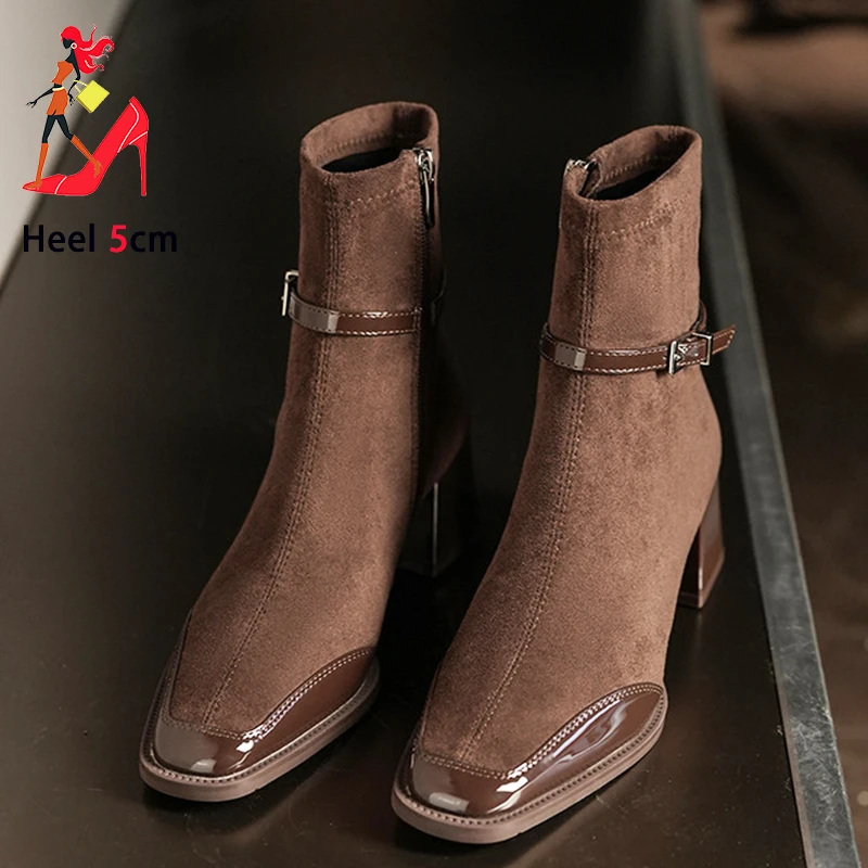 Women Slim Short Boots Hot Sell 2024 Autumn New Office Shoes 5CM Square Heel Lady Dating Suede Ankles Boots Elegant Female Shoes