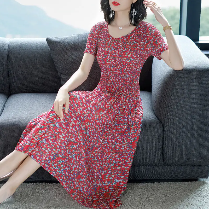 

Fashionable Floral Pleated Dress for Women 2023 Summer New Fashion Casual O Neck Short Sleeve Mid length Dress Female Tops