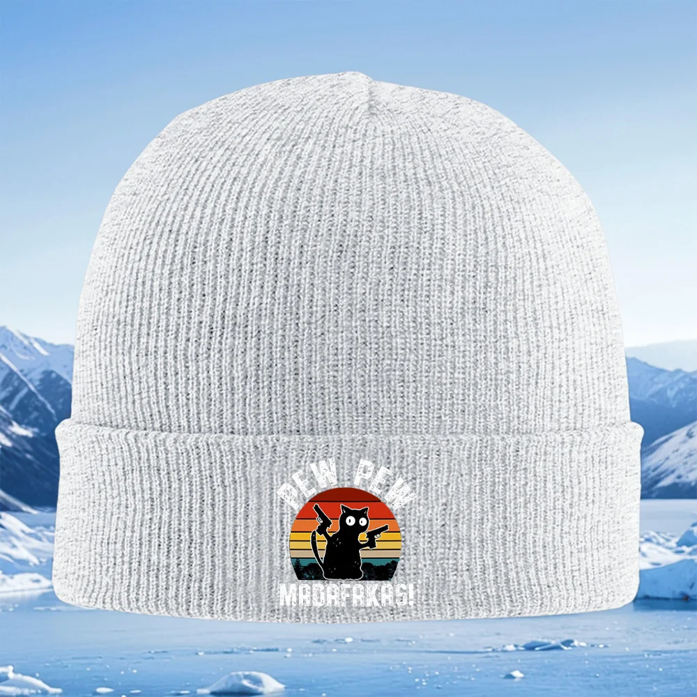 القط مع البنادق، خلفية غروب الشمس الرجال النساء للجنسين محبوك قبعة قبعة صوفية قبعة الشتاء الحرارية الدافئة عيد الميلاد ركوب الدراجات في الهواء الطلق H