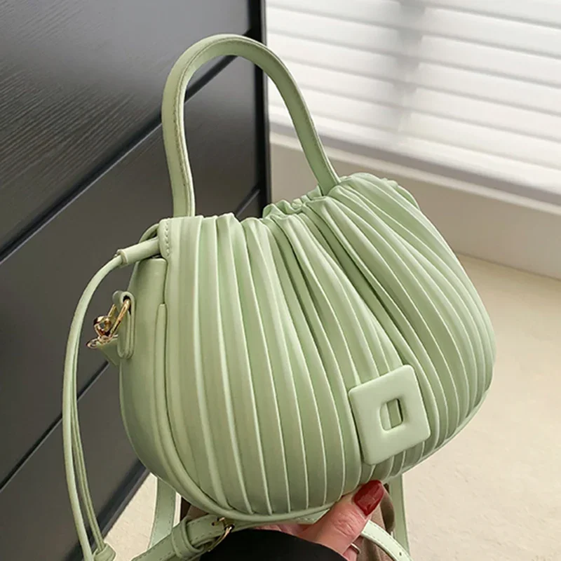 Bolsas de balde ruched para mulheres, bolsas de ombro macias para senhoras, bolsas crossbody azuis e verdes, pequenas marcas de luxo, 2024