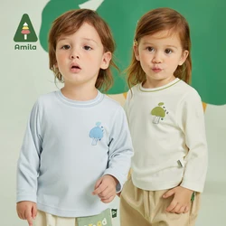 Amila Baby T-shirt 2023 Spring New Girls Boys Long Sleeves Soft Underwear Candy Color Round Neck Casual Pullover Children Tops