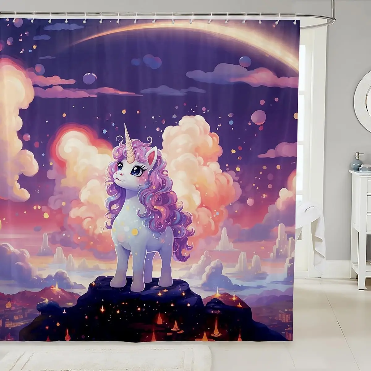 

Милый комплект занавесок для душа с единорогом для девочек и мальчиков, фиолетовые занавески для ванной комнаты с единорогом, кавайный декор для комнаты, радужная водонепроницаемая ванная комната