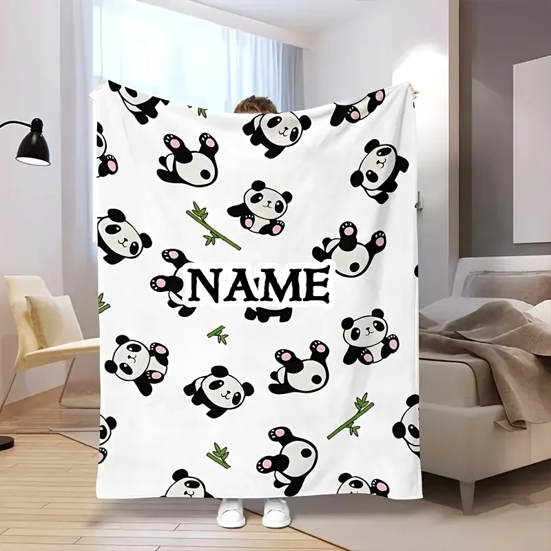 1pc text custom creative panda print flannel blanket, digital print, suitable for sofa bed, travel camping and living room