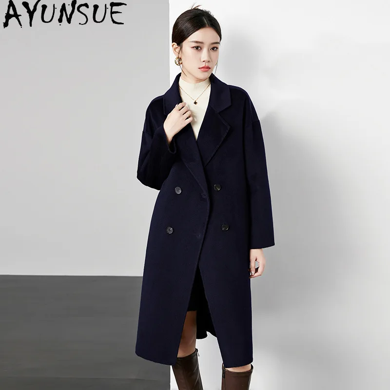 AYUSNUE-Chaqueta de lana 94,6% y 5,4% de Cachemira para Mujer, ropa de invierno, gabardina de longitud media, Abrigos de lana de doble cara cálidos para Mujer