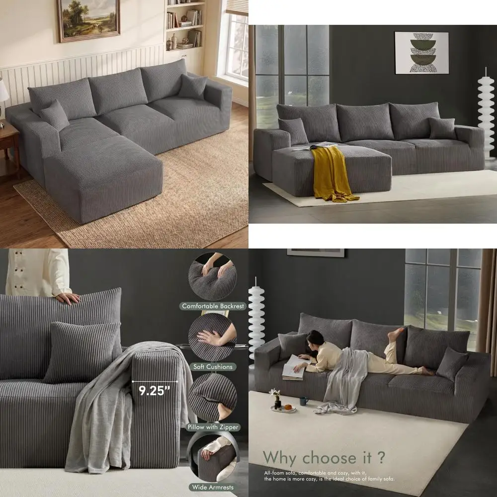 

Deep Seated L-Shaped 3-Seater Couch, Grey Corduroy Upholstery, Living Room Sofa, Ready to Use