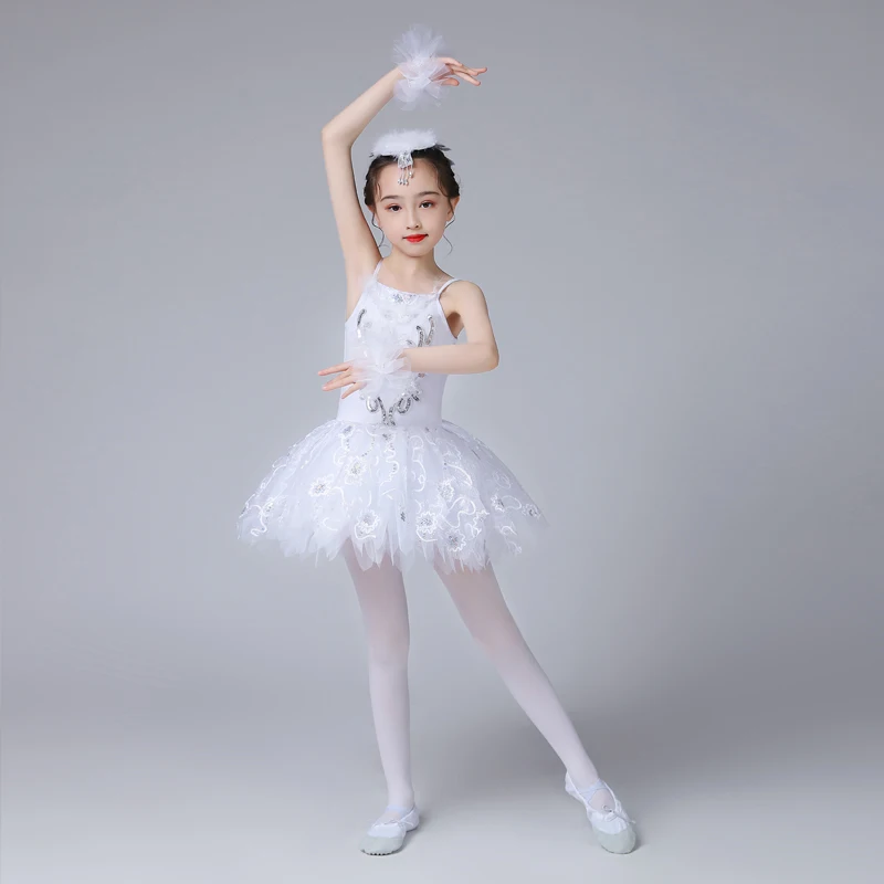 Girls Ballerina Party Costume Sequined Flower Ballet Dance Dress Dancewear Gymnastic Leotard For Kids Ballet Tutu Dress White