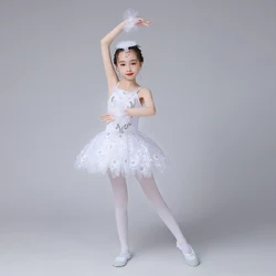 Girls Ballerina Party Costume Sequined Flower Ballet Dance Dress Dancewear Gymnastic Leotard For Kids Ballet Tutu Dress White