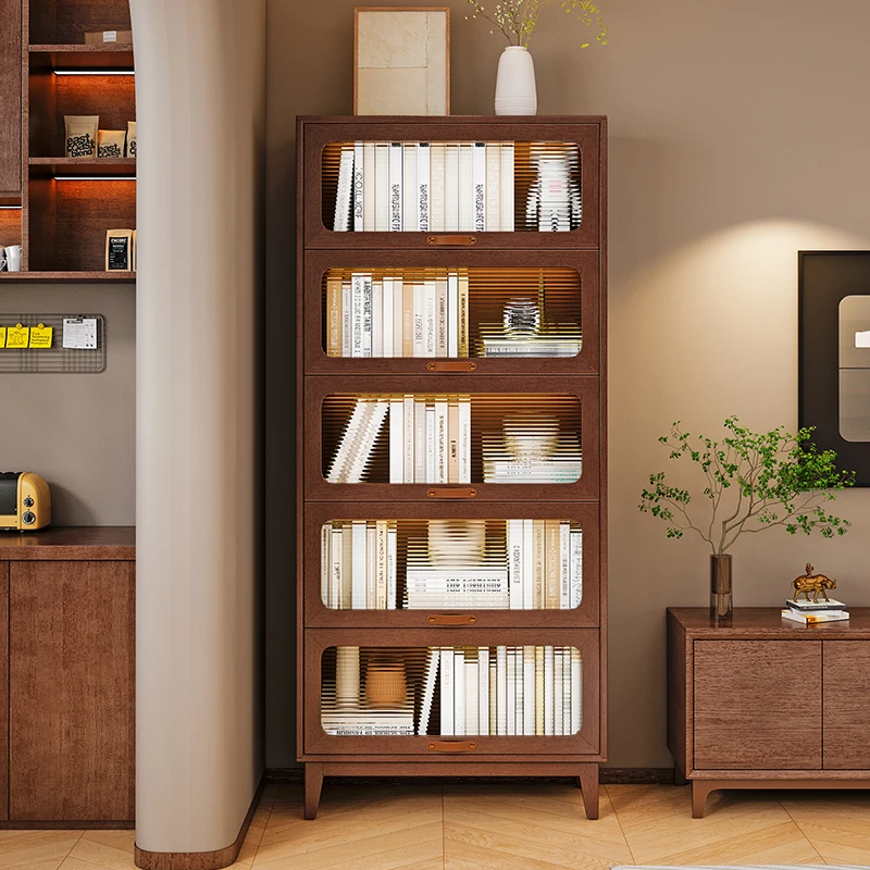 Solid wood dust-proof bookcase with glass door Household living room vertical cabinet Children's bookshelf Floor shelf Integrate