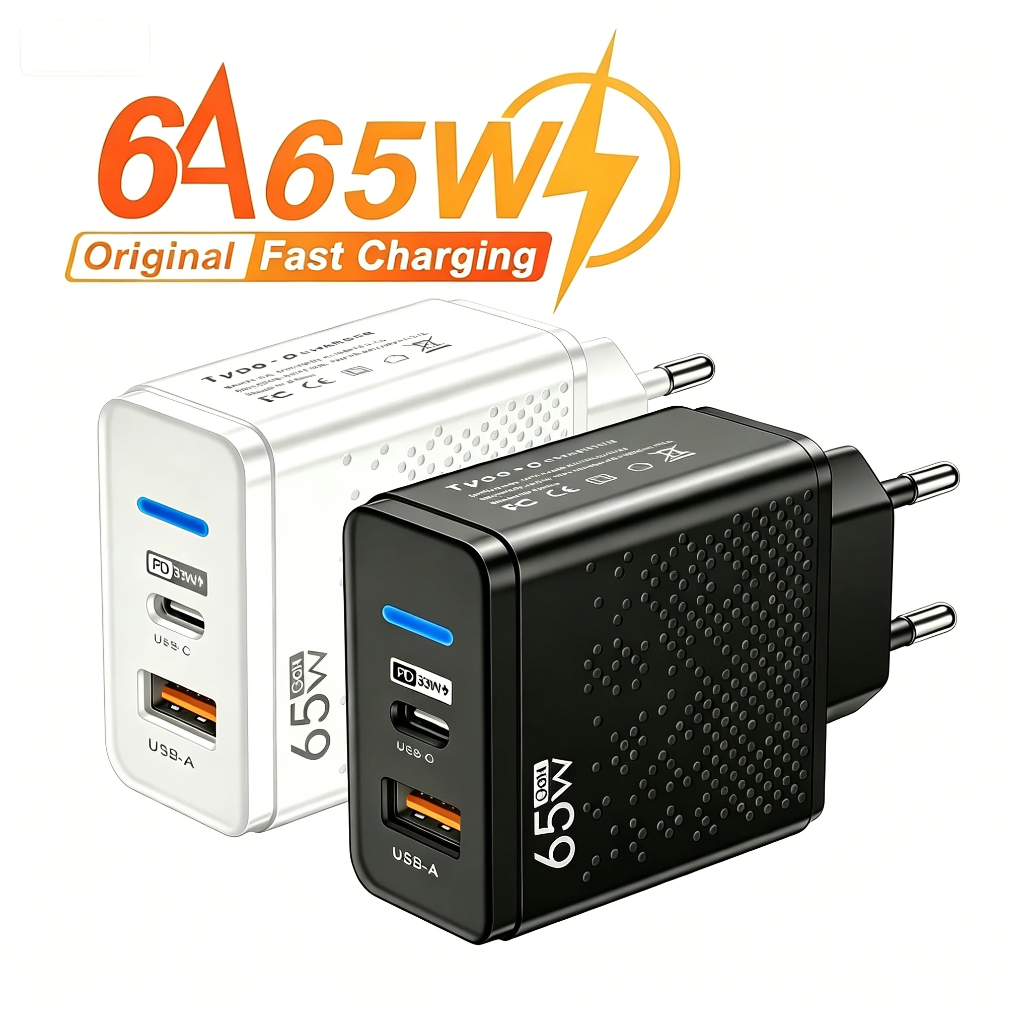 65W GaN Fast Charging,USB-A Type C Chargers With LED Light,Mobile Phones Travel Adapter For iPhone Samsung Xiaomi 17ProMax 15 14