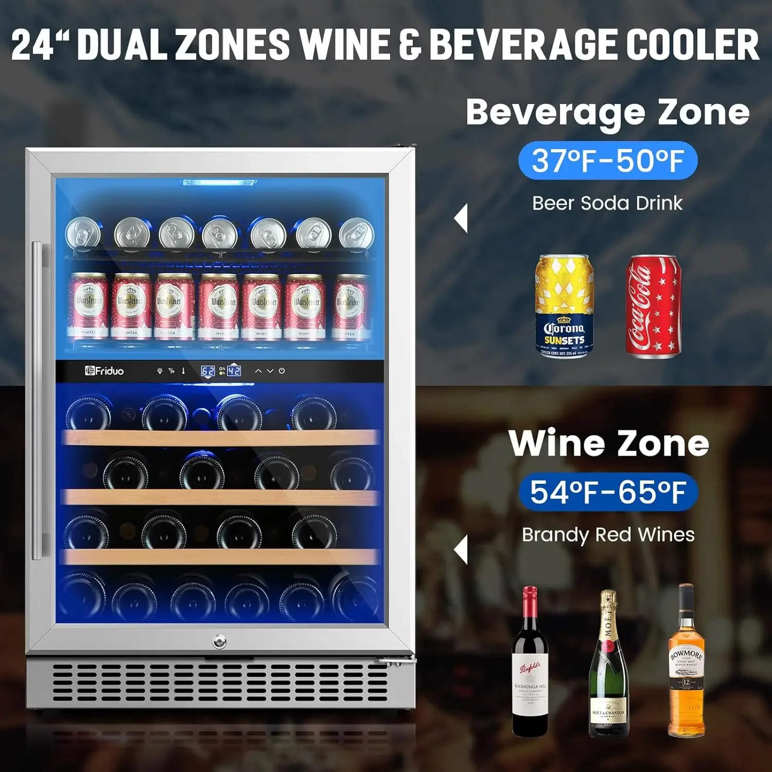 Refrigerador para bebidas de vino, frigorífico independiente de doble zona para 30 botellas y 82 latas con compresor de bajo ruido ajustable