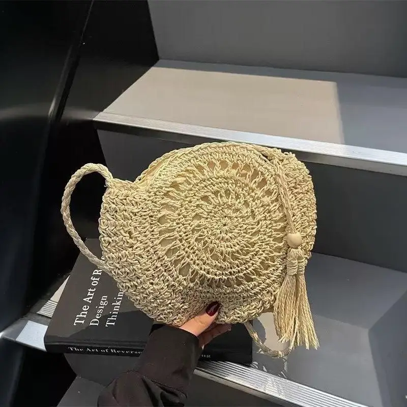 Round Hollow Rattan Shoulder Bag Bohemian Handwoven Straw Tassel Soft Paper Rope Bag for Summer Vacation Shopping Weekend Trips