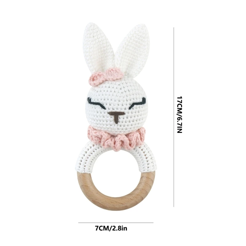 Rabbit Baby Teether Wooden Rings Cartoon Animal Crochet Rattle Toy for Prams