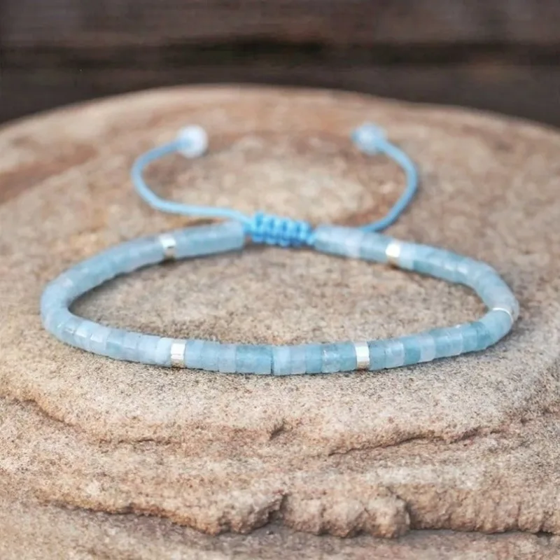 Aquamarine beaded bracelet - Adjustable Bohemian exquisite March birthstone