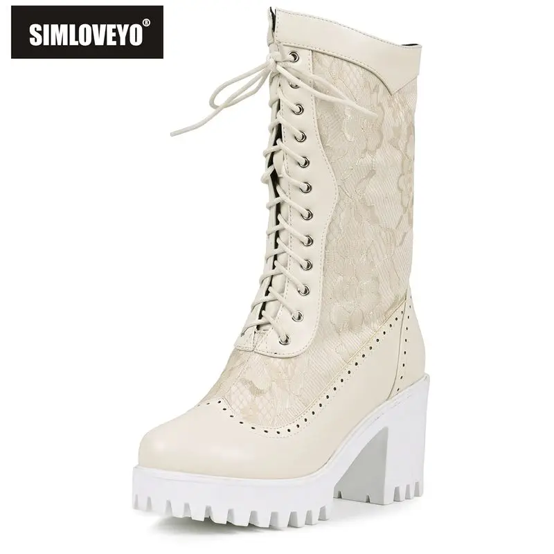 SIMLOVEYO Beige Women Mid Calf Boots Round Toe 8cm Chunky Heel Zipper Lace Up Splice 3cm Platform Small Big Size 33 42 43 Botas
