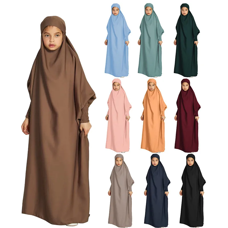 Ramadam Muslim Kids One-piece Abaya Solid Outfit Elegant Dress for Children Islamic Clothing Enfant Robe Turkish Moroccan Kaftan