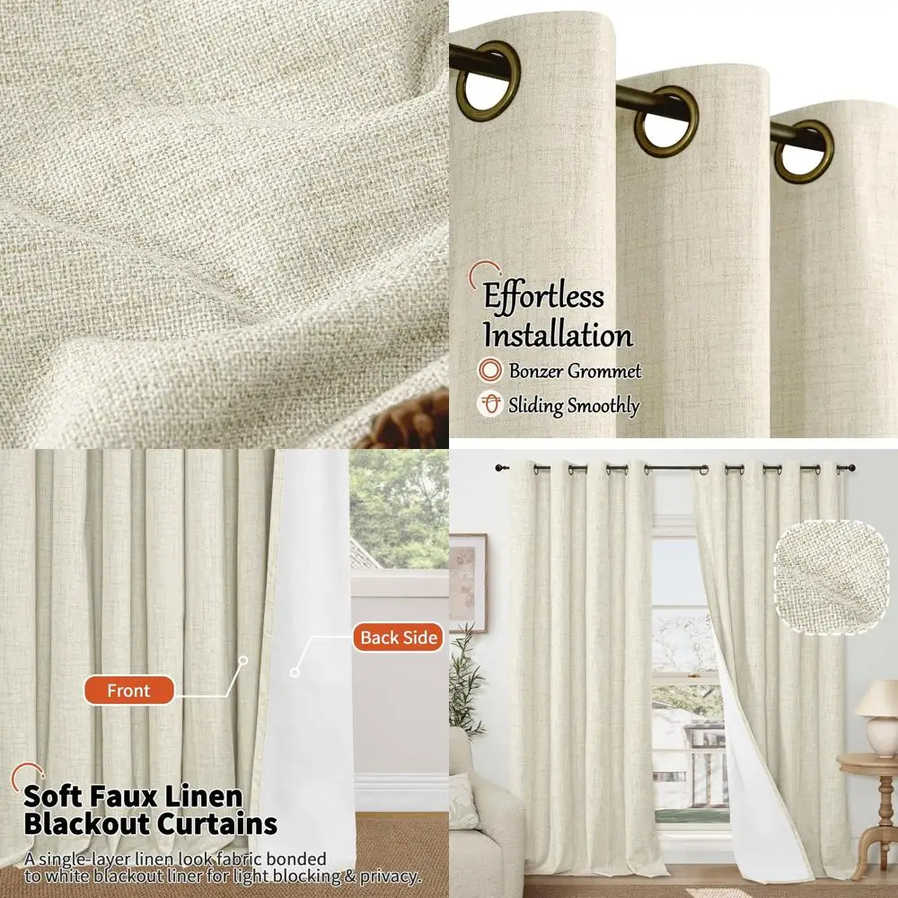 

Blackout Linen Curtains 60 Wide x 84 Long, 2-Panel Set, Thermal Insulated, Soundproof, Boho Style with White Liner for Modern Fa