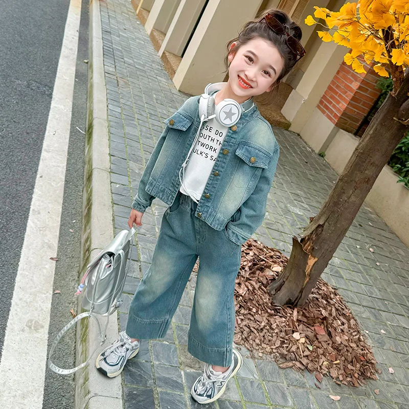 Girls' denim suit new style children's fashionable stand up collar wide leg pants jacket two-piece set