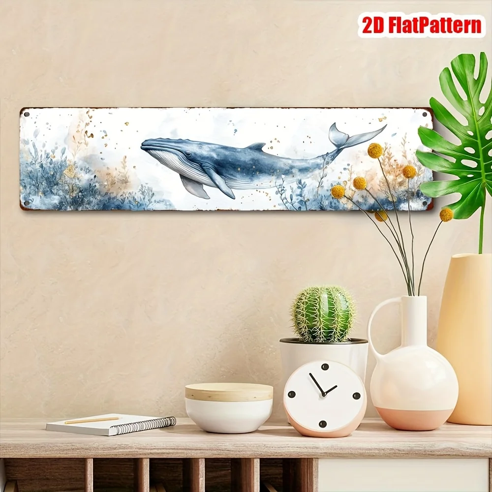 Tin Sign Watercolor Whale 2D Flat Printing Vintage Nautical Metal Wall Decor with Blue Whale Illustration, Seaweed & Gold Speck