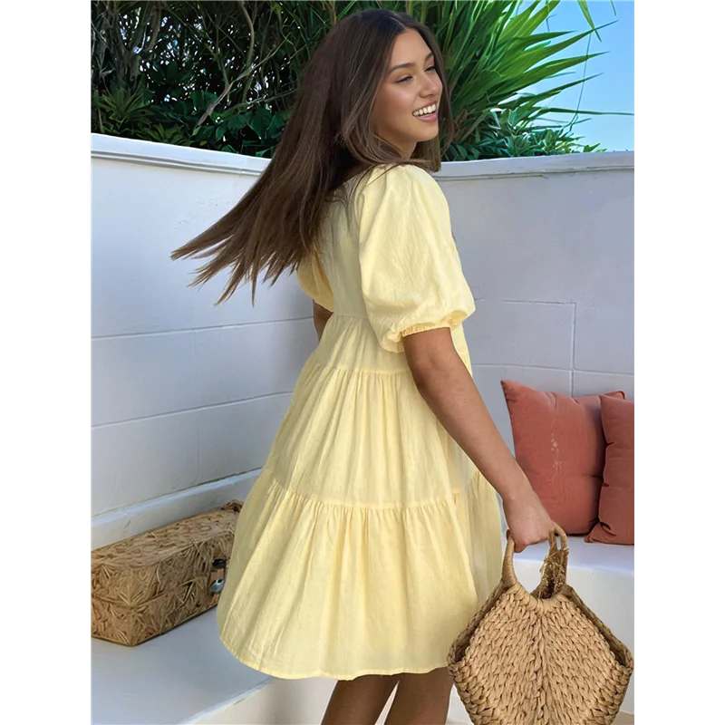 

Womens Puff Short Sleeve Mini Dress Flowy Y2k Ruffle Lace Trim Babydoll Tie Front Embroidered A Line Dresses