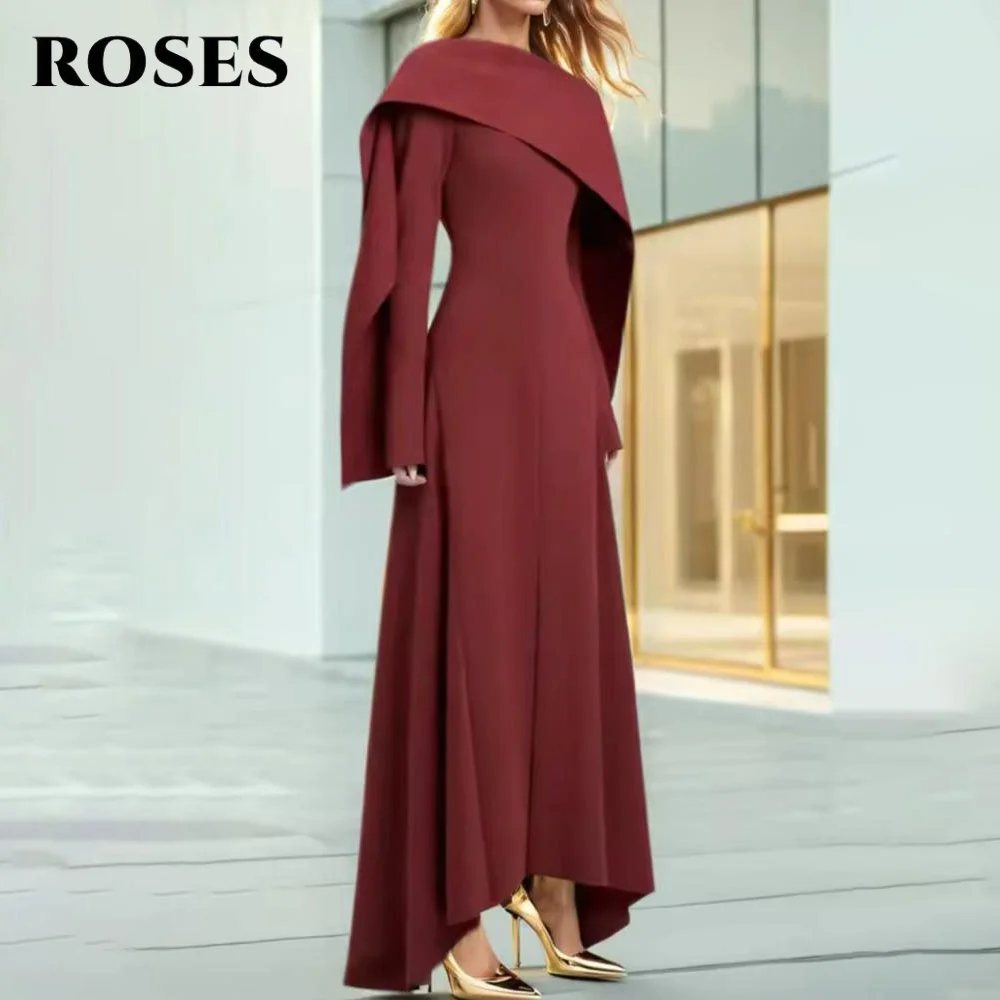 

ROSES Burgurdy Elegant Party Dresses O-Neck Night Dresses with Pleats Satin Full Sleeve Celebrity Dress for Woman Customized