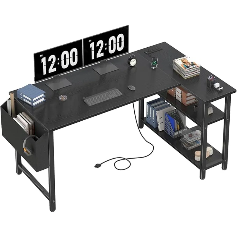 

L Shaped Computer Desk with Power Outlet Shelves, Corner Desk for Home Office Bedroom, L-Shaped Study Writing Size: 47.2"