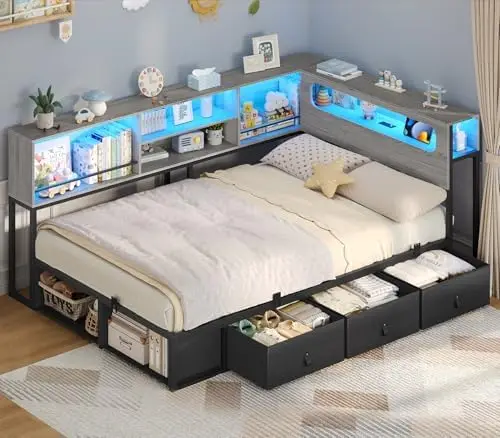 Twin Corner Bed Frame with Bookcase Storage & LED Light Headboard, Charging Station, Metal Daybed with 3 Drawers & 2