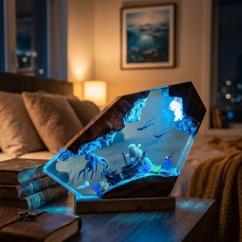 Resin Gift Lamp 3D Model Giant Octopus Diver Creative Night Light Figurine For Home Display Table Decor Cozy Party Centerpiece