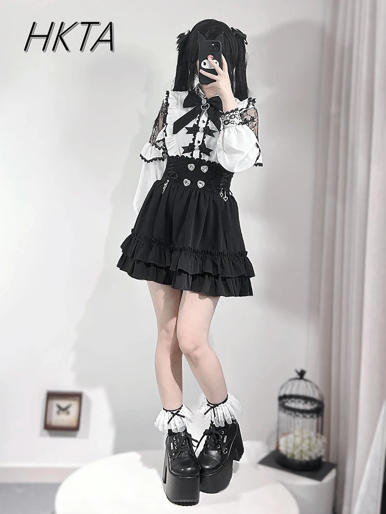 Sistem Pertambangan Jepang Kemeja Blus Lengan Panjang Pita Manis Modis Manis Lolita Rok Hitam Pinggang Tinggi Wanita Set Dua Potong