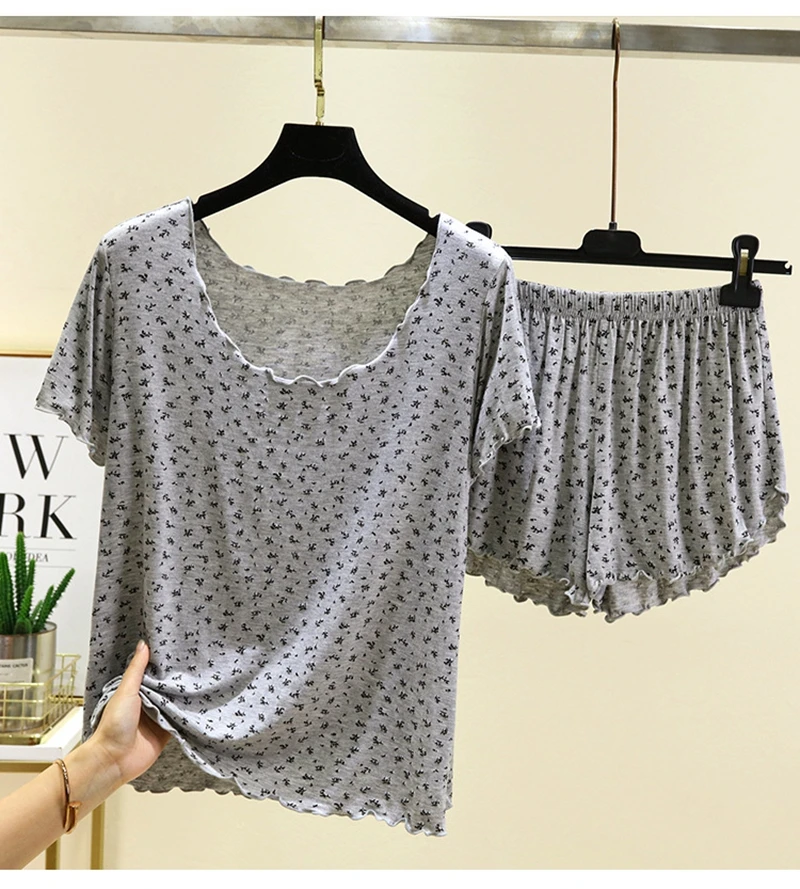 Modal Women's Floral Print 2Pcs Set Short-Sleeve And Shorts Frill Trim Details Gentle Style Soft Fabric Breathable Pyjama Outfit
