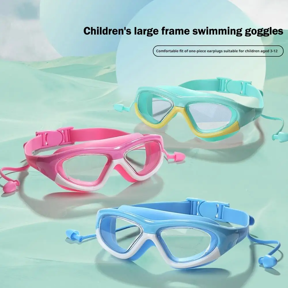 

Kids Fashion Swimming Pool Eyewear Waterproof Anti Earplugs Water Glasses Large Fog Silicone Frame Connected N0J6
