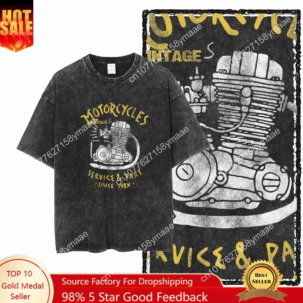 

YM MOTOR CYCLE THEME Printed Cotton Acid Washed Graphic Unisex T Shirt Cool Streetwear Men Women Tshirts Big Size Tee for men