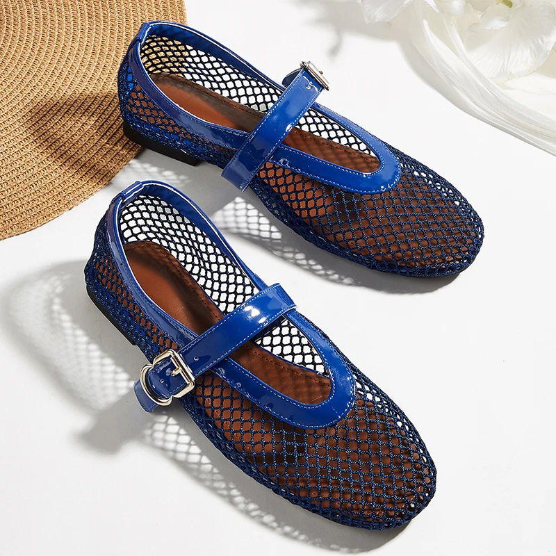 

Blue Flat Shoes Woman 2026 Low Heel Pumps Summer Mary Jane Shoes Mesh Permeability Ballet Flat Comfort Ladies Buckle Shoes Black