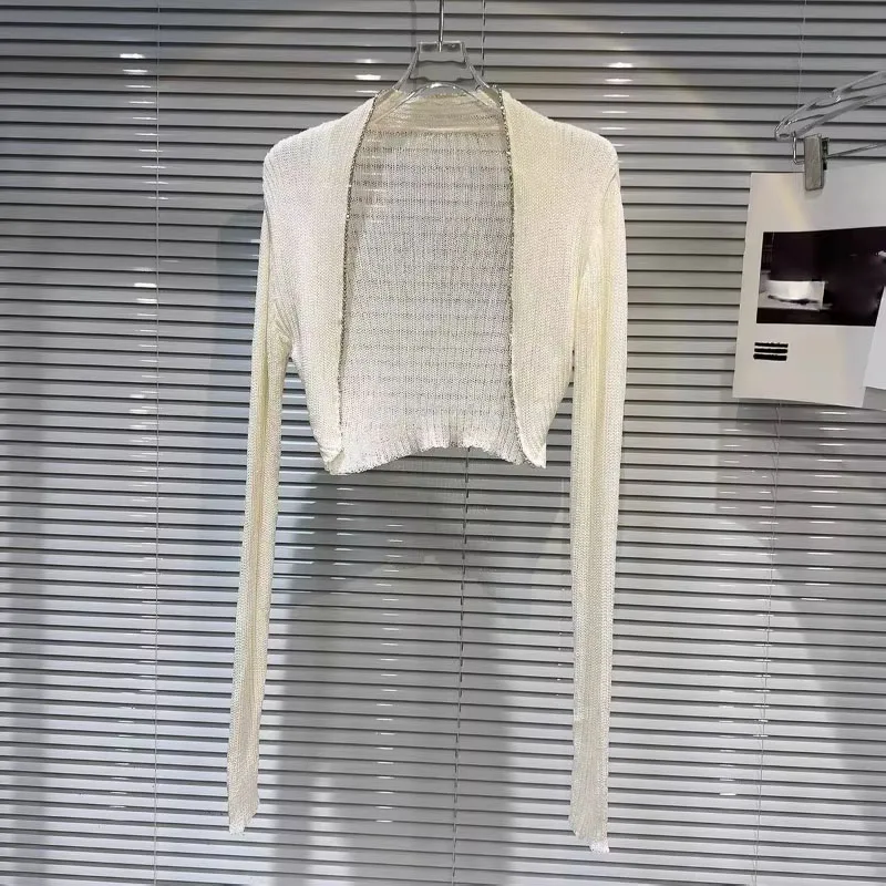 2025 Summer New See Through Cardigan Y2k Long Sleeve Sun Protection Coat Women Simple Slim Fit All-match Knitted Tops