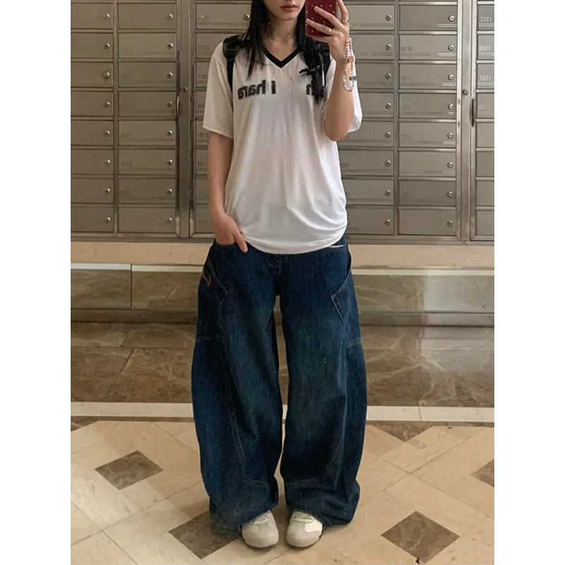 

Loose Blue Jeans Women's Casual Wide Leg Trousers Floor-Length Hip Hop Style Comfortable Lazy Pants Fashionable Streetwear