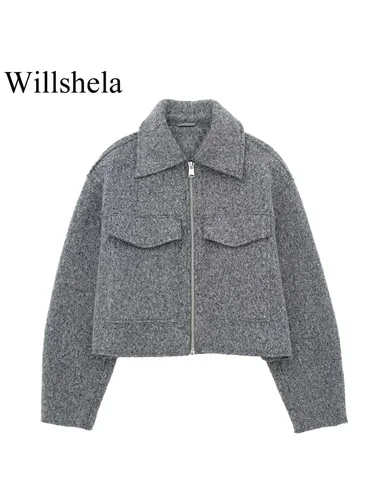 Imagen 2 del producto Willshela, moda para mujer con bolsillos, chaquetas grises con cremallera frontal, cuello de solapa Vintage, manga larga, trajes elegantes para mujer