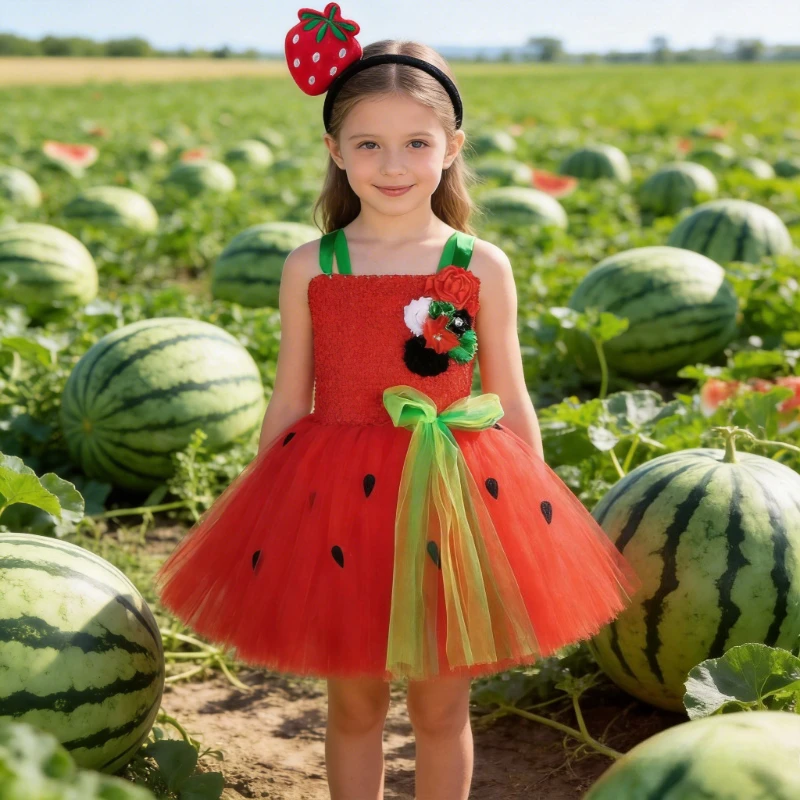 Red Strawberry Clothes for Baby Girls Kids New Year Carnival Outfit Children Fruit Theme Birthday Party Festive Stage Dress