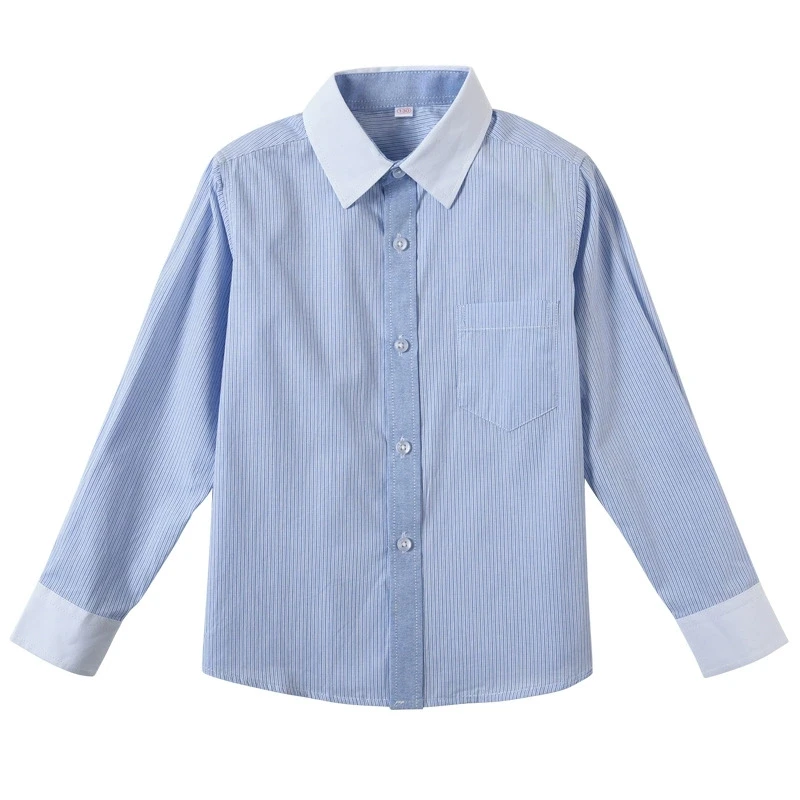 Boys' Long Sleeve Shirt Blue Striped Cotton Turn-down Collar Shirt for Kids School Uniform & Performance Wear Girls Tops